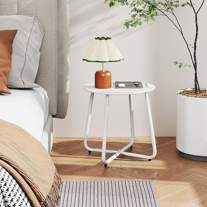 HollyHOME Round Metal Side Table, Rust-Resistant Patio Small Plant Stand, Outdoor 17.32'' Portable End Table for Balconies, Gardens, Living Rooms and Bedrooms, White