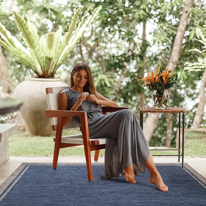 CAMILSON Outdoor Rug, 8x10 Bordered Navy Blue Gray Modern Area Rugs for Indoor and Outdoor Patios, Porches Waterproof Washable Porch Deck Outside Carpet (Bordered Navy, 8 x 10)