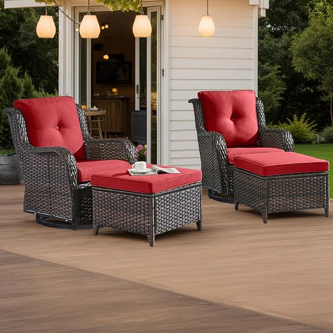 HUMMUH Outdoor Swivel Rocker PE Wicker Patio Chairs Set of 2, Rattan Rocking Chair Furniture Set