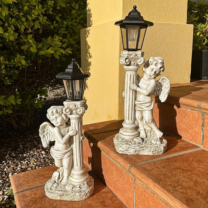 Angel Statue with Solar Lights (Right) 19.7 Inch, Outdoor Solar Angel Garden Statue with Roma Pillar for Garden Lawn Deocr, Christian Religious Gift
