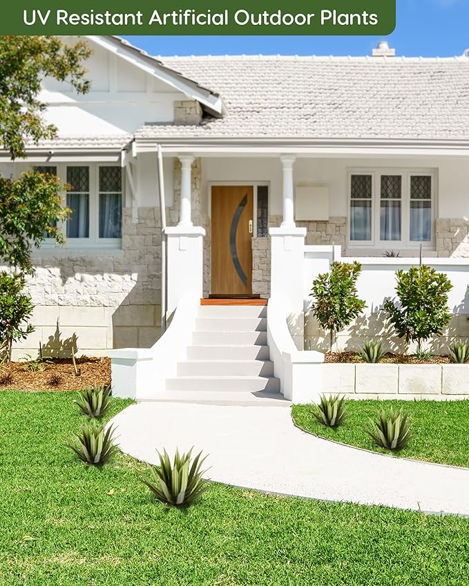 Velener Artificial Outdoor Agave Plants, Green Outdoor Faux Plants with Broad Sword-Shaped Leaves, Small Size UV Resistant Fake Agave Plants for Indoor and Outdoor Decor(14 Inch)-2 Pack