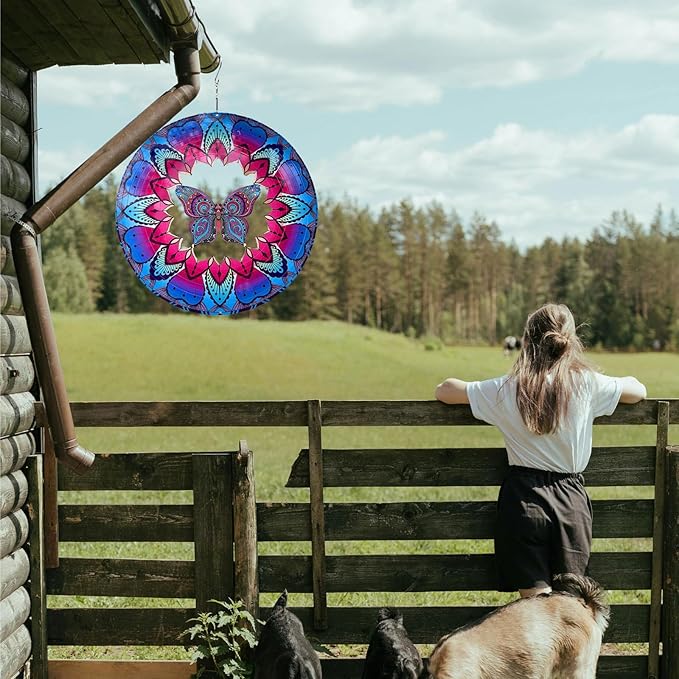 Wind Spinner Colorful Butterfly 12 inch 3D Stainless Steel Laser Cut Metal Double Sided Printing-Hanging Indoor/Outdoor Decorations Yard Gardening Decor,Metal Kinetic Art Ornament Gifts