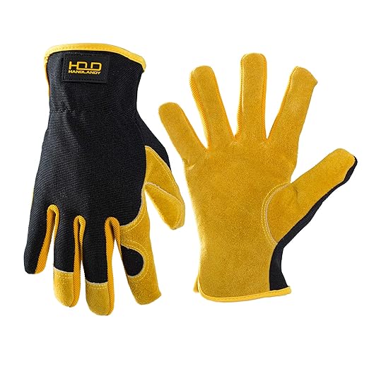 HLDD HANDLANDY Garden Gloves Men, Leather Work Gloves for Men & Women, Cowhide Gardening Gloves Utility Work Gloves for Mechanics, Construction, Driver (XL, Yellow)