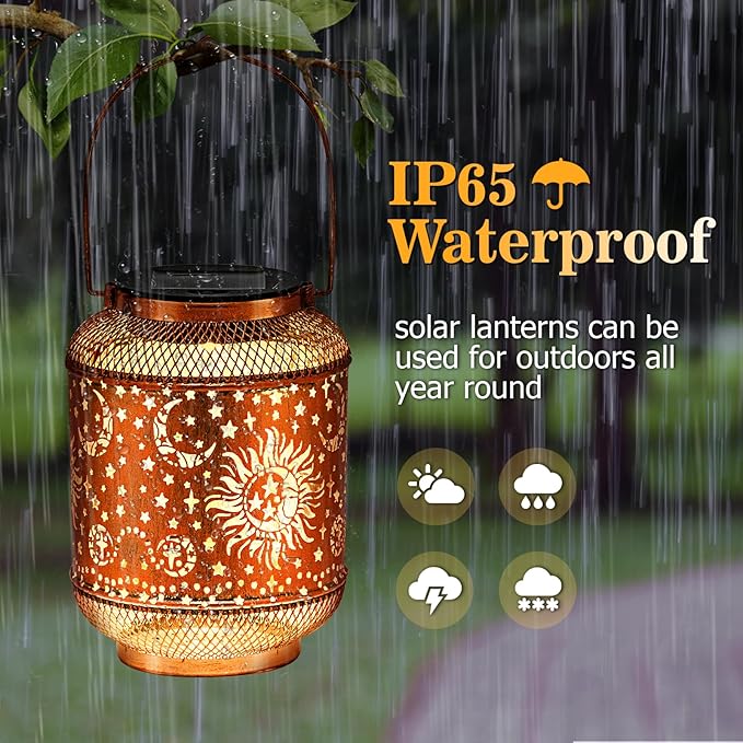 Solar Lanterns Outdoor Garden Decor, Metal Sun Moon Decor Lanterns Birthday Gifts for Women Mom Grandma, Waterproof Hanging Outdoor Solar Lights for Patio, Yard, Lawn, Landscape