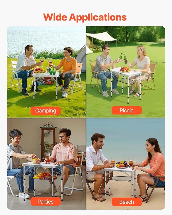 VEVOR Folding Camping Table, Portable Roll Up Side Tables, Lightweight Aluminum Beach Table with Adjustable Height, for Outdoor BBQ Tailgating Picnic, Travel (24 inch-Silver)