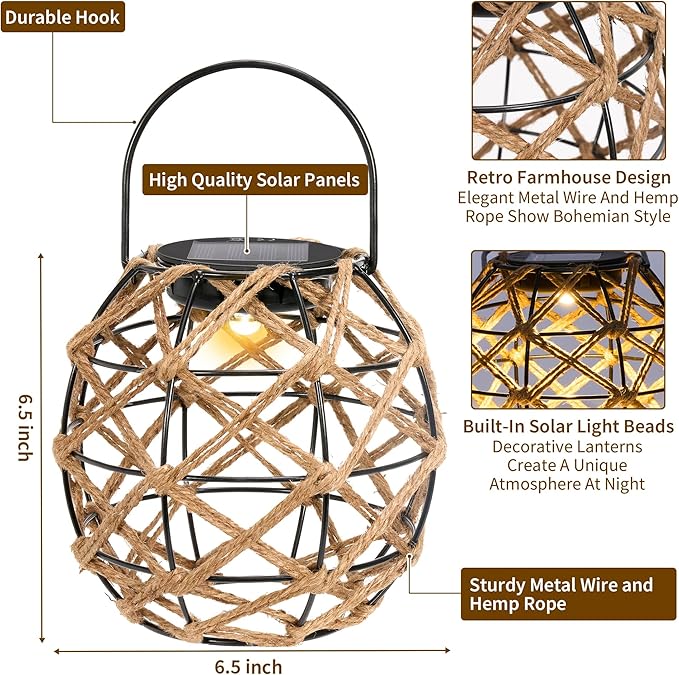 HPC Decor 2 PK Solar Lanterns-Outdoor Waterproof, Hemp Rope, Hanging Outdoor, Round Lamp Boho Decor for Garden, Yard, Patio, Porch, Pathway.