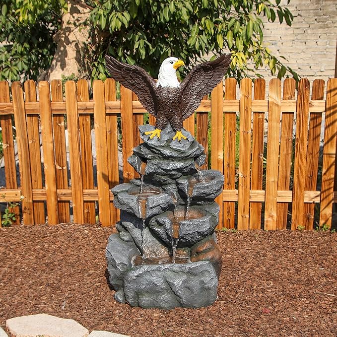 YZM Bald Eagle Statue Outdoor Fountain Tiered Cascading Rock Water Feature for Garden Patio Backyard Porch Deck 38.58" Tall Outdoor Waterfall Sculpture Elegant Garden Decor