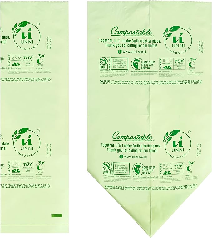 UNNI Compostable Trash Bags, 8 Gallon / 30 Liter, 200 Count Value Pack, Extra Thick 0.85 mil Medium Kitchen Food Scrap Bin Liners, BPI, CMA & OK compost HOME Certified (Meets ASTM D6400)