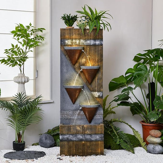 49.21" Outdoor Garden Water Fountain with Lights Floor-Standing 4 Tiers Cascading Large Waterfall Fountain for Patio, Backyard, Deck, Porch and Home Art Decor