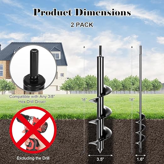 Auger Drill Bit for Planting 2 Pack,1.6x16 inch&3.5x16 inch,Auger Drill Bit Suitable for 3/8'' Hex Drill Driver,Garden Spiral Hole and Planter for Bulbs,Fence Posts,and Umbrella Holes