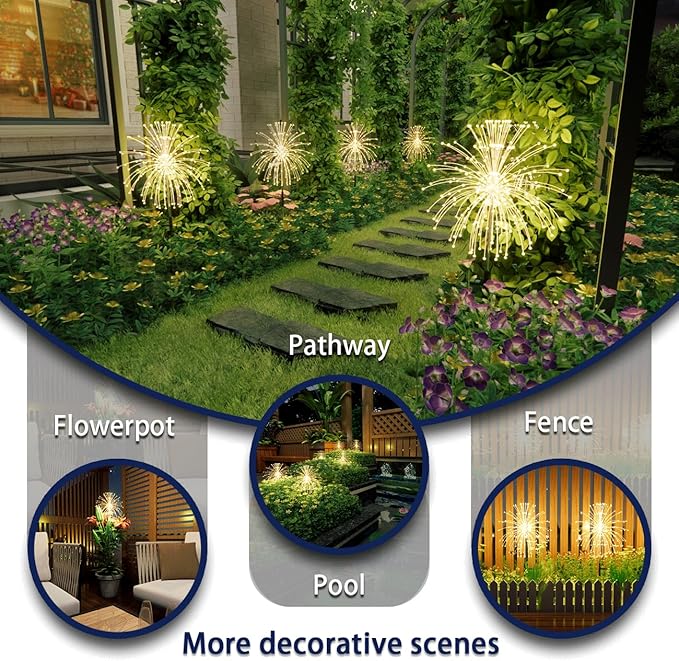 Honche Solar Garden Lights, 2 Pack Decorative Solar Outdoor Lights Weatherproof IP65 8 Lighting Modes Firework Lights for Garden Patio Counrtyards Pathway Parties (WarmWhite-8LightingMode-Oval)