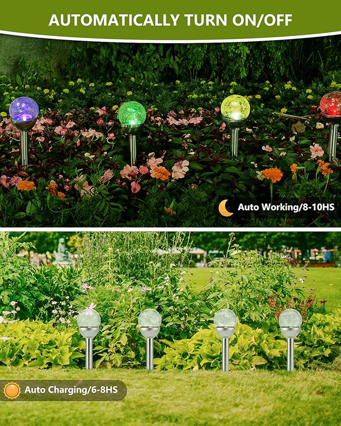 Solar Garden Lights Cracked Glass for Outdoor Waterproof Landscape Pathway Decorations 7 Colors Changing 6 Packs