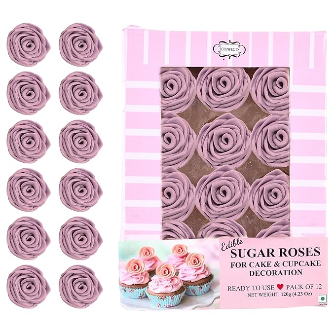 Confect Edible Lavender Rose Toppers – 12-Pack Lilac Roses for Cake & Cupcake Decorating– Stunning Edible Floral Toppers for Desserts- Vegan, Nut-Free, Soy-Free, Dairy-Free, Palm Oil-Free