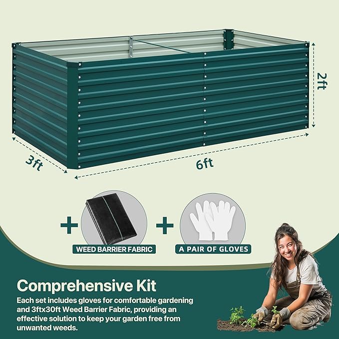 Raised Garden Bed Kit-6x3x2ft-Galvanized Steel-Ideal for Vegetables, Flowers, Herbs-Large Deep Root Planter Box-Tall Design-Includes 3ft x 30ft Weed Barrier Fabric and 1 Pair of Gloves-Green