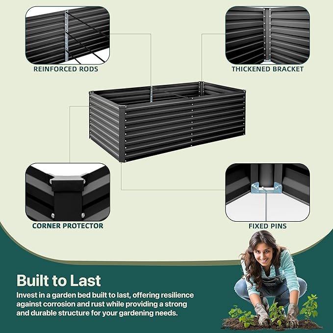 Raised Garden Bed 6x3x2ft, Galvanized Raised Garden Beds Outdoor for Vegetables Flowers Herbs, Steel Large Deep Planter Box, Tall Raised Garden Bed with 3ftx30ft Weed Barrier Fabric and Glove, Black