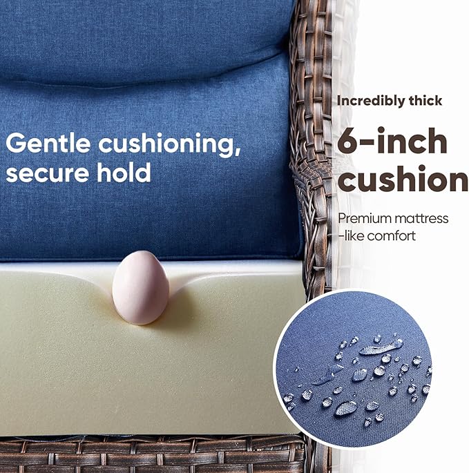 Swivel Patio Chairs sofa Set of 6 - 6" Thick Cushion - Wicker Outdoor Swivel Rocker Patio Chair ,Sofa/Glass coffee table, High Back Comfortable Outdoor Glider Chairs - Brown Wicker Blue Cushions