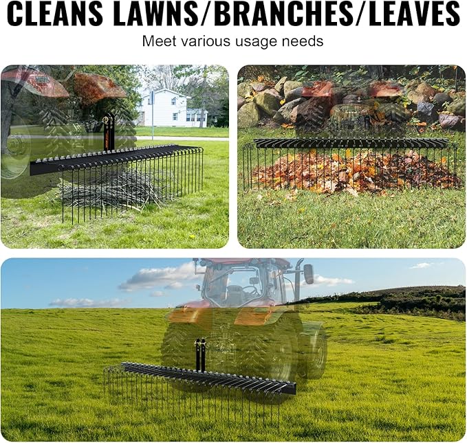 VEVOR Tow Behind Landscape Rake, 72" Tow Dethatcher with 32 Steel Tines, Lawn Dethatcher Rake Attaches to Category 1, 3 Point Hitch for Tractor, for Leaves, Pine Needles, Straw, and Grass