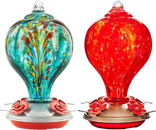 2 Packs Hummingbird Feeder for Outdoors Hanging Ant and Bee Proof, 32OZ Hand Blown Glass Hummingbird Feeders for Outside, Christmas Decoration Gifts for Mom (Teal & Red)