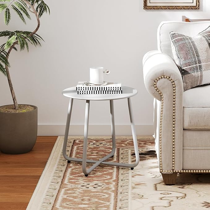 HollyHOME Round Metal Side Table, Rust-Resistant Patio Small Plant Stand, Outdoor 17.32'' Portable End Table for Balconies, Gardens, Living Rooms and Bedrooms, Grey