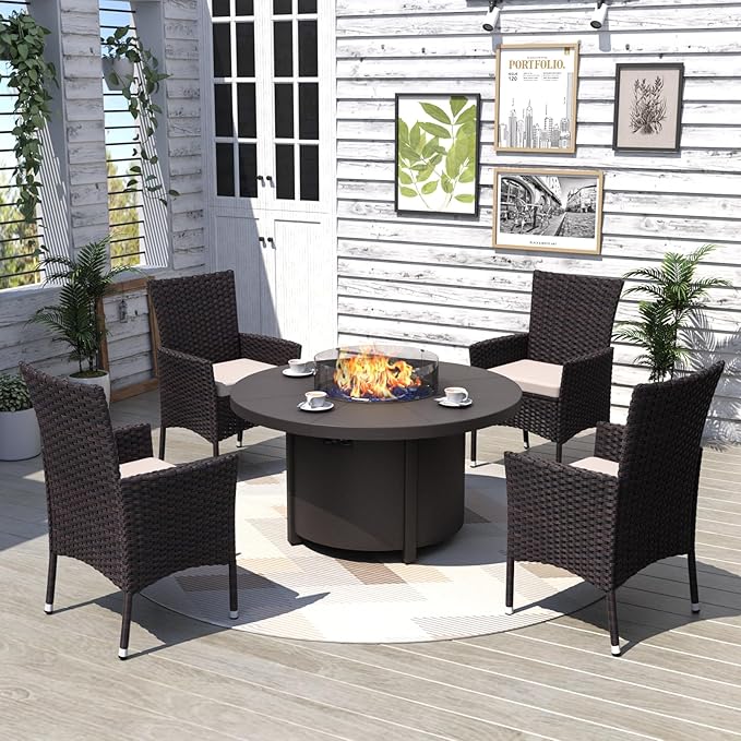 Kurapika Propane Round Fire Pit Table 48in, 40,000 BTU Auto-Ignition Round Gas Fire Pits, CSA Certification, Wider Desktop Round Fire Tables with Windshield, Blue Stone and Lid, for Outside Patio