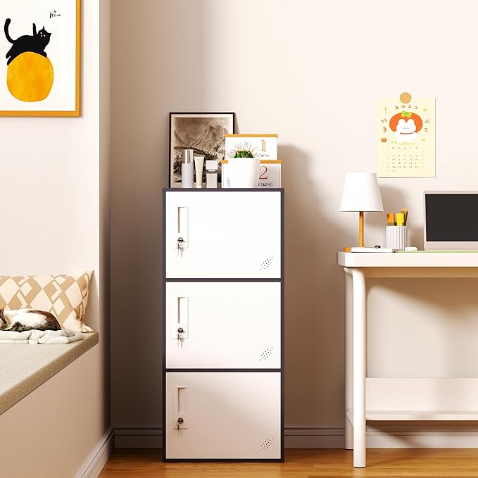 3 Door Vertical Stackable Storage Cabinet with Lock,Anti-Failing Device, Metal Lcoker,Organizer for Office, Home, Gym, School,Employee,Kids. (Grey)