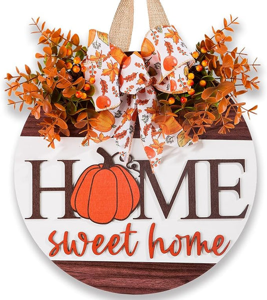 Hello Pumpkin Welcome Wooden Hanging Sign Fall Wreath for Front Door | Fall Autumn Harvest Decor with Bow & Wreath | Farmhouse Rustic Thanksgiving Porch & Wall Plaque | Indoor Outdoor Home Decor