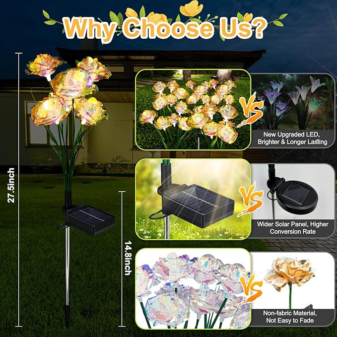 Solar Garden Lights Outdoor, 4 Pack 24-Head Artificial Flowers Solar Lights, IP65 Waterproof Garden Decoration for Yard Patio Path Cemetery Grave, Gifts for Mom Women Bithday Mother's Day-Auto ON/Off