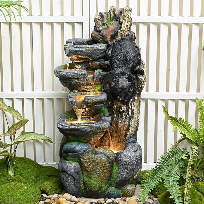 39" Outdoor Garden Water Fountain with Lights 5 Tiers Cascading Large Waterfall Floor Standing Fountain for Patio, Backyard, Deck, Porch and Home Art Decor