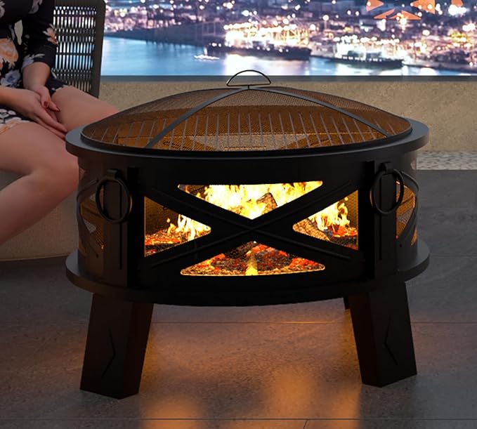 Fire Beauty 26"Steel Fire Pit with Grill Grate&Spark Screen,360° Airflow Boost Technology,Less Smoke,Larger Flames,Heavy-Duty Portable Camping Fire Pit for Backyard,Beach,RV (22lbs,4 Handles,Dual-Use)