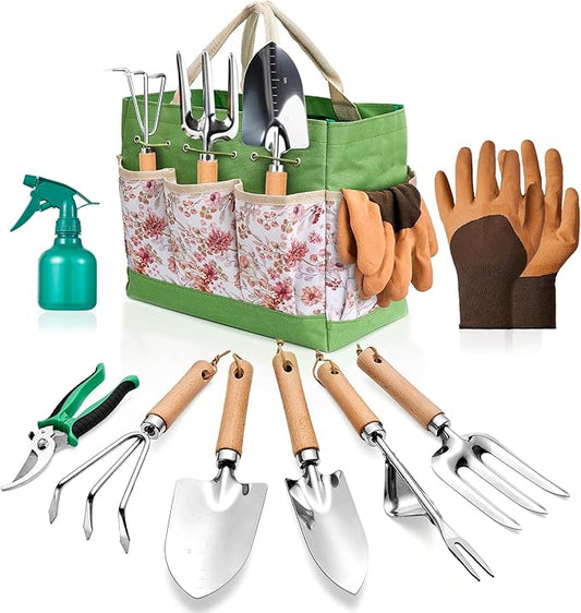Gardening Tools of 9 Pieces | Stainless Steel Heavy-Duty Gardening Hand Tools with a Delicate and Durable Storage Bag and Anti-Slip Rubber Gloves | Garden Tools Make Ideal Gardening Gifts for Women