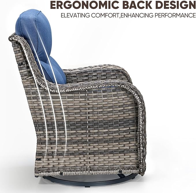 Swivel Patio Chairs sofa Set of 4 with 6" Thick Cushion - Wicker Outdoor Swivel Rocker Patio Chair ,Sofa/Glass coffee table, High Back Comfortable Outdoor Glider Chairs - Grey Wicker | Blue Cushions