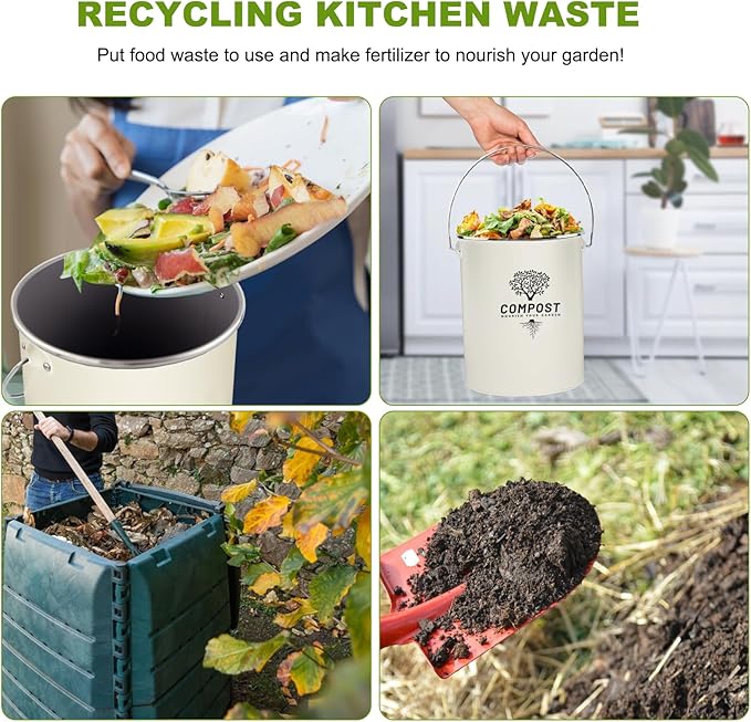 Kitchen Countertop Compost Bin, Odor Resistant Indoor Compost Bin with Lid and Charcoal Filter, Rust Resistant Coated Compost Bucket, Compost Container, Cream