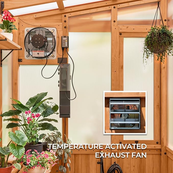 Backyard Discovery Poppy 9' x 6' Cedar Wood and Polycarbonate Walk-in Greenhouse Kit with Exhaust Fan, Windows, Hose Hook-Ups, PowerPort, Staging Shelves, Plant Hooks for Year-Round Outdoor Gardening