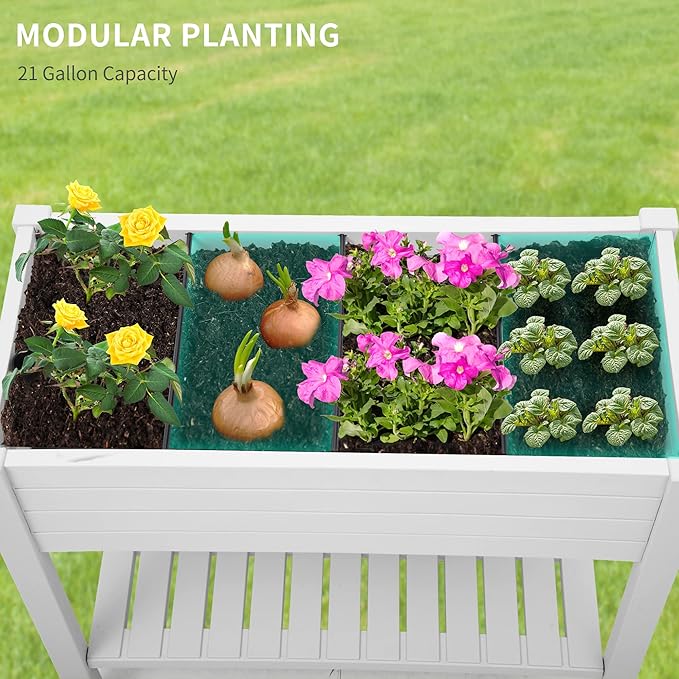 YITAHOME 3.6x1.5x2.8 FT Elevated Garden Bed Kit with Legs and Wheels, Outdoor Large Resin Planter Box Stand with Drain Plug and Storage Shelf for Plants Vegetables Fruits, Grayish-White