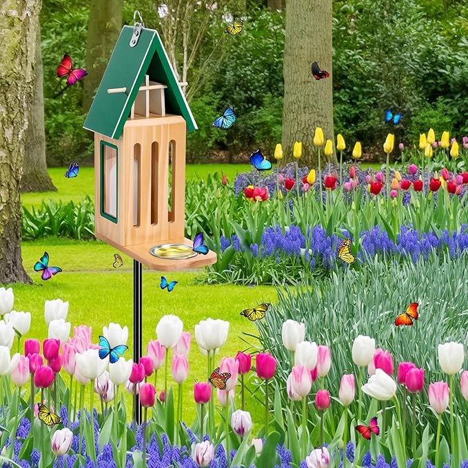 New Upgraded Butterfly House and Feeder for Outside - Wooden Butterfly House with Metal Stake for Garden Backyard, Natural Butterflies Habitat with Puddler on Floor or Hanging on Tree Wall