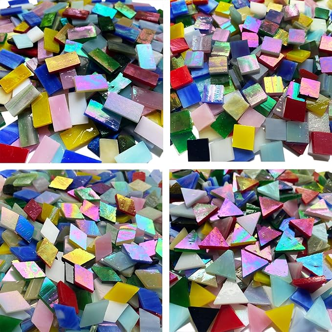 510 Pieces Iridescent Glass Mosaic Tiles for Crafts, Mixed 4 Shapes Colorful Stained Glass Pieces Supplies for Mosaic Projects, KALUCION Mosaic Kit for Adults, Assorted Rainbow Colors