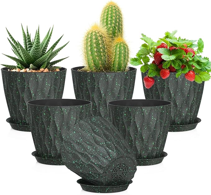 5 inch Plant Pots for Indoor Outdoor Plants, 6 Pack Thick Nursery Pots with Drainage Holes and Saucers, 3D Modern Wave Texture Small Plastic Planter Flower Pots, Black with Green Speckles