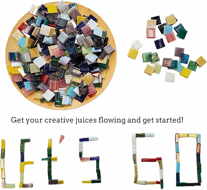 SMEIINIK 1.5 lb Bulk Mosaic Tiles for Crafts, Consisting of a Mix of Iridescent Mosaic Tiles and Gold-Textured Glass Mosaic Tiles, 3/4-Inch Square Mosaic Glass Pieces (240pcs, Multicolor), HT001
