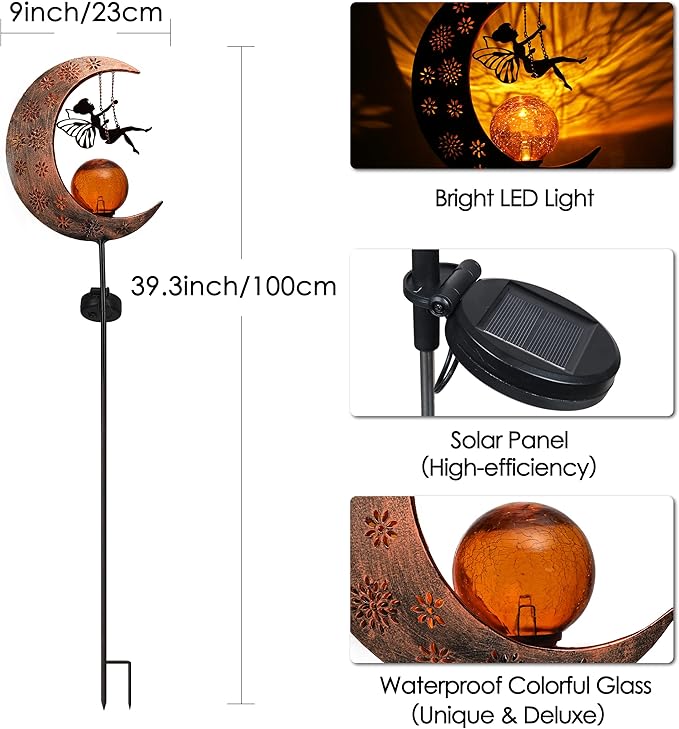 TERESA'S COLLECTIONS Solar Lights Outdoor for Garden Decor, 39" Metal Moon Fairy Pathway Light Garden Statues with Crackle Glass for Patio Decor,Lawn Ornaments Yard Art for Outside, Gift for Christmas