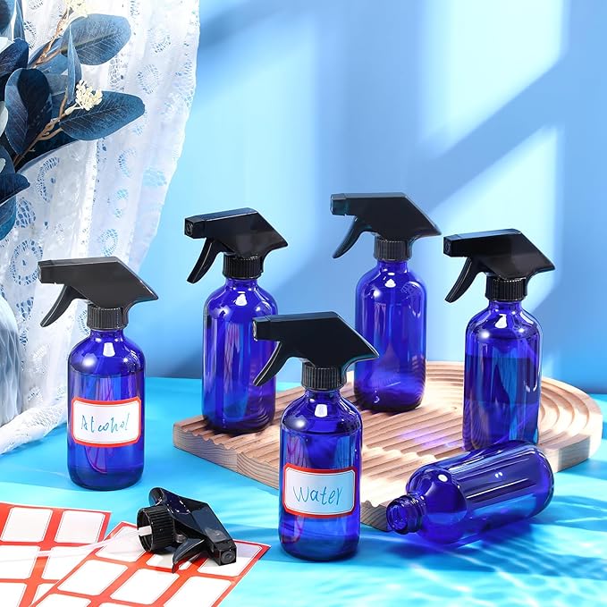 Norme 12 Pcs 8 oz Glass Spray Bottles with Funnels and Labels Refillable Cosmetic Empty Spray Bottles with Sprayer Containers for Essential Oil Cleaning Solutions(Blue,Classic)