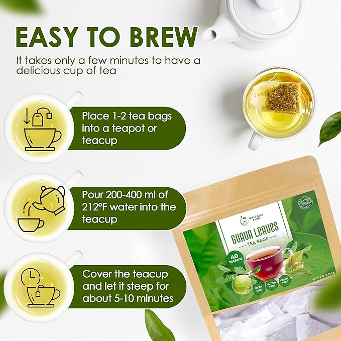 NHAT ANH FARM - Premium Guava Tea Bags - Dried Guava Leaves 40 Tea Bags, 2.5g/bag) - 100% Natural And Pure, Sugar/Caffeine/Gluten Free. Good For Your Health