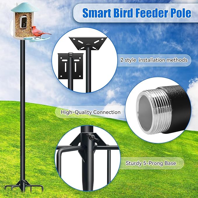 QwayHome【New Upgrade】 80In Smart Bird House Poles, 1Inch Dia Poles, Outdoor Bird Feeder Pole Mount Kit for Smart Bird Feeder & Wooden Birdhouse & Weather Station, Heavy Duty, Adjustable, 5-Prong Base