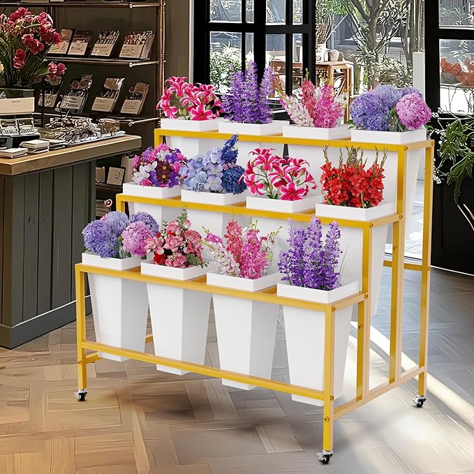 Putros Flower Display Stand with 12 Buckets Gold 3 Layers Metal Floral Cart with Wheels Moving Florist Bouquet Bar Plant Shelf for Indoor Outdoor Patio Garden Party Decor