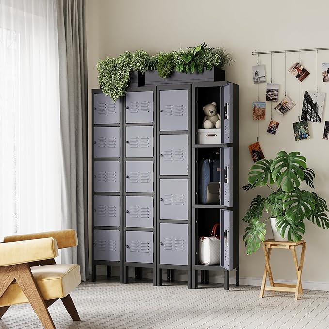 Letaya Metal Locker for Employees,5 Tiered Lockable Storage Organizer Steel Wall Lockers for Work,School,Gym,Home,Office,Staff,Kid Room (5 Door-Black Gray)