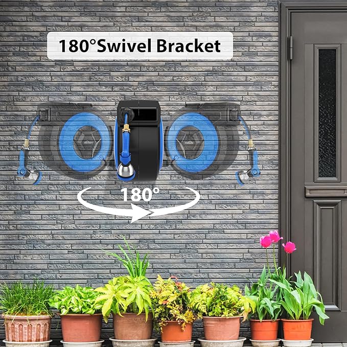 Retractable Garden Hose Reel, 1/2" x 131FT Heavy Duty Automatic Retractable Hose Reel Wall Mount, with 10- Function Sprayer Nozzle, Any Length Lock/Auto Rewind/180°Swivel