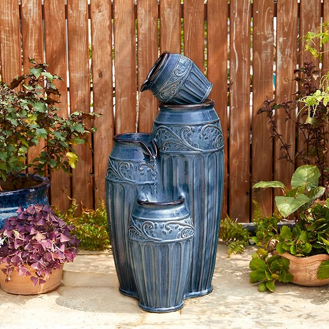 Glitzhome 35.5" H Oversized Outdoor Water Fountain with LED Lights and Pump, 4 Tier Turquoise Embossed Pattern Ceramic Pots Fountains, Cascading Standing Fountain for Porch Deck Garden Patio Backyard