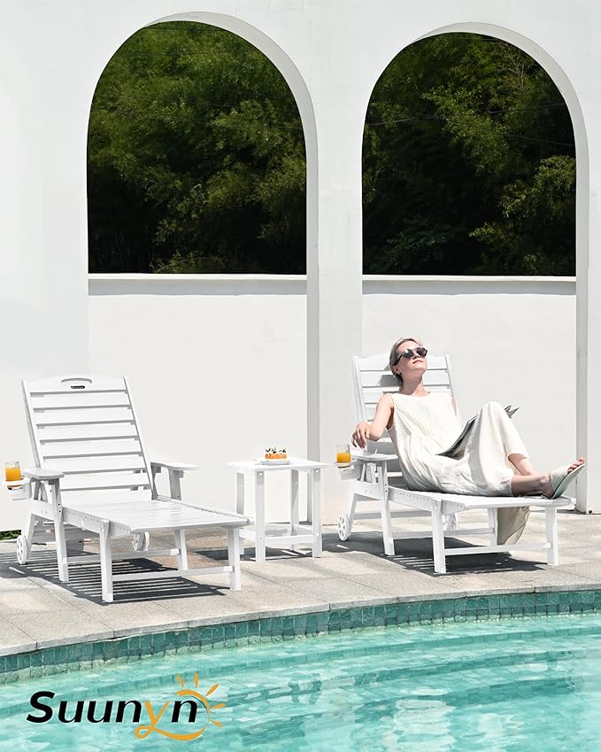 Lounge Chair Outdoor Set of 2, HDPE Chaise Lounge Outdoor with 6-Position & Wheels &Cup Holder, Pool Lounge Chair for Pool Poolside Deck Backyard Patio, White