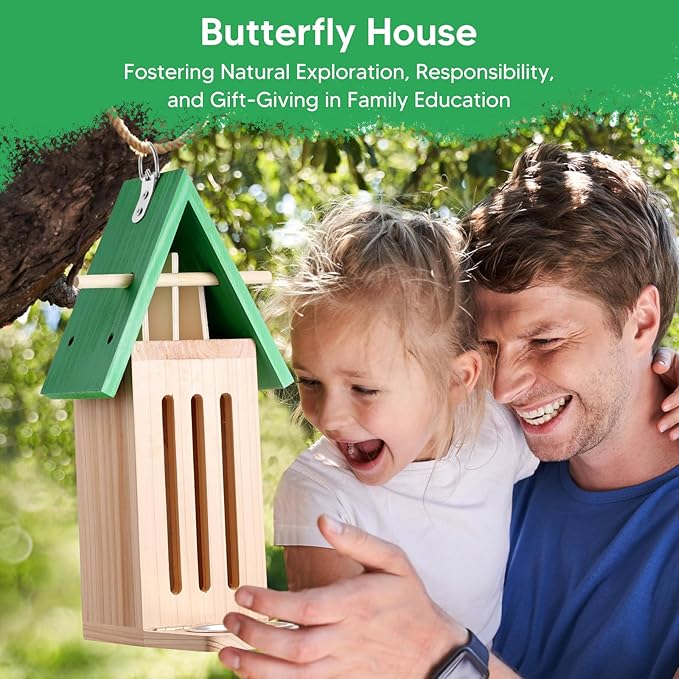 2PCS Butterfly House and Feeder for Outside, Wooden Butterfly House Butterflies Feeder for Garden, Butterflies Habitat with Puddler on Floor or Hanging on Tree Wall