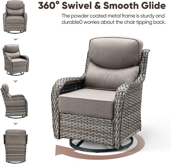 Swivel Patio Chairs sofa Set of 6 - 6" Thick Cushion - Wicker Outdoor Swivel Rocker Patio Chair ,Sofa/Glass coffee table, High Back Comfortable Outdoor Glider Chairs - Grey Wicker | Grey Cushions