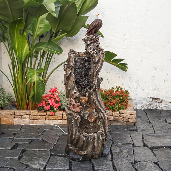 YZM 50.79" H Outdoor Rainforest Waterfall Tree Trunk Fountain with Bald Eagle Outdoor Cascading Water Feature for Garden Patio Backyard Landscape Décor 3-Tier Water Fountains